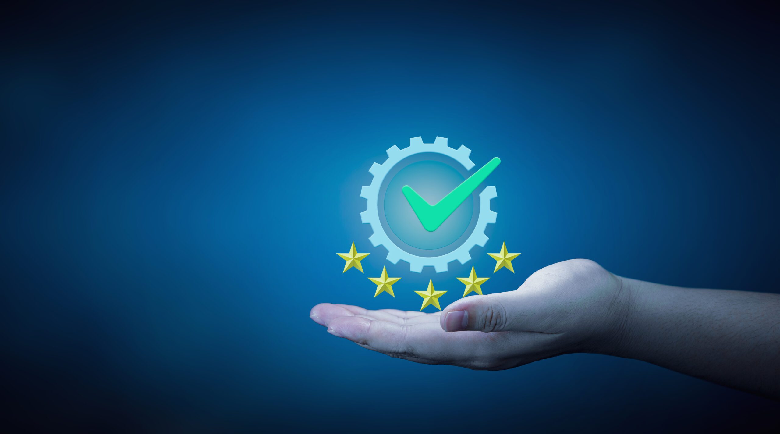 A hand holds a floating gear icon with a green checkmark inside and five gold stars arranged in a row below it, symbolizing high quality or top-rated service, on a blue gradient background.