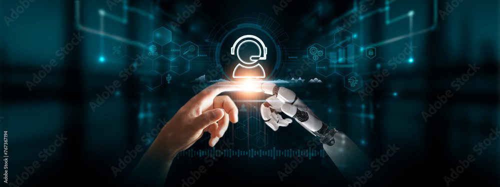 A human hand and a robotic hand touch fingertips, with a glowing icon of a headset above them, symbolizing AI technology and human collaboration in customer support. Digital interface graphics are visible in the background.
