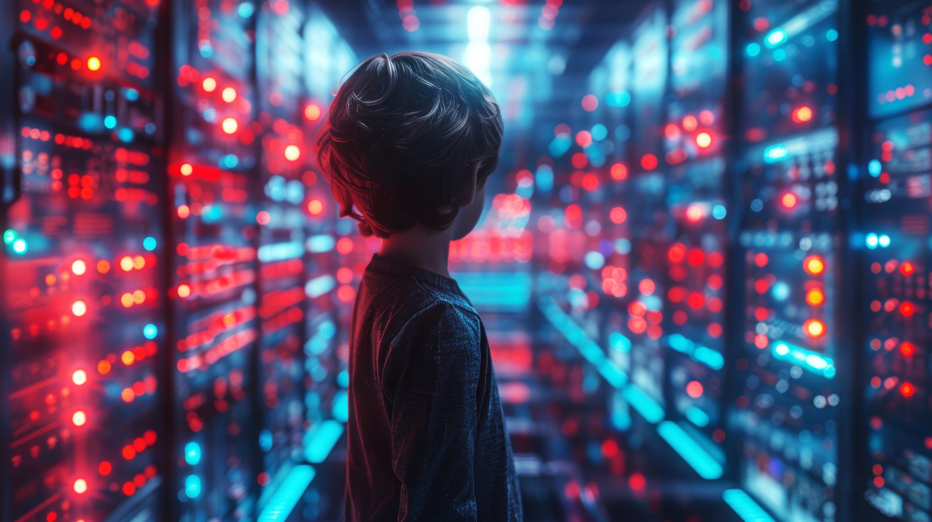 A young child stands in a server room filled with rows of computers and glowing red and blue lights, looking at the illuminated servers in a futuristic, high-tech environment.