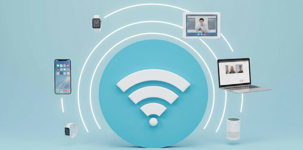 A large Wi-Fi symbol in the center with digital rings surrounded by a smartphone, smartwatch, tablet, laptop, and smart speaker on a blue background.